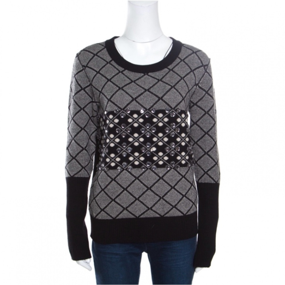 Sonia Rykiel Monochrome Diamond Pattern Wool Embellished Crew Neck Sweater M
